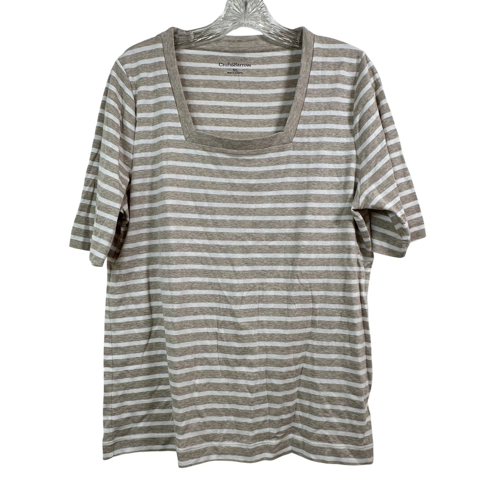 Croft & Barrow Tan White Striped Square Neck Cotton Short Sleeve Top XL